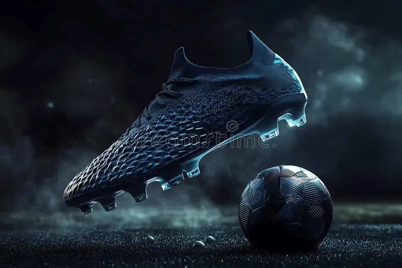 Football shoes with soccer ball dramatic night scene